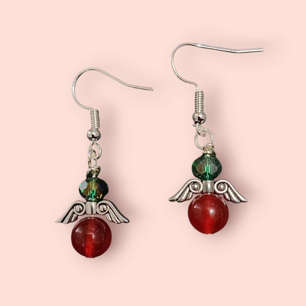 Elegant Geeen Crystal  and Red Jade Angel Earrings